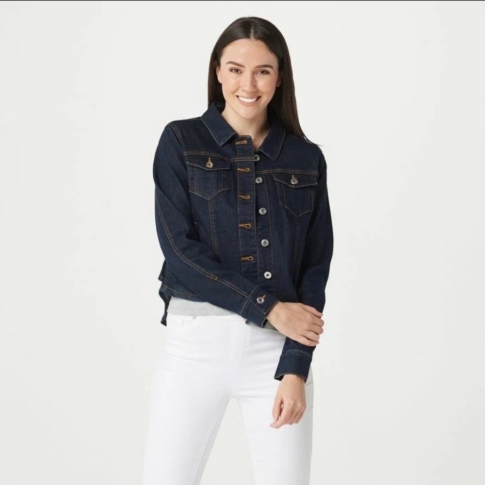 Du Jour Jean Jacket Womens Plus Size 24W Blue Dark Wash Back Ruffle Detail